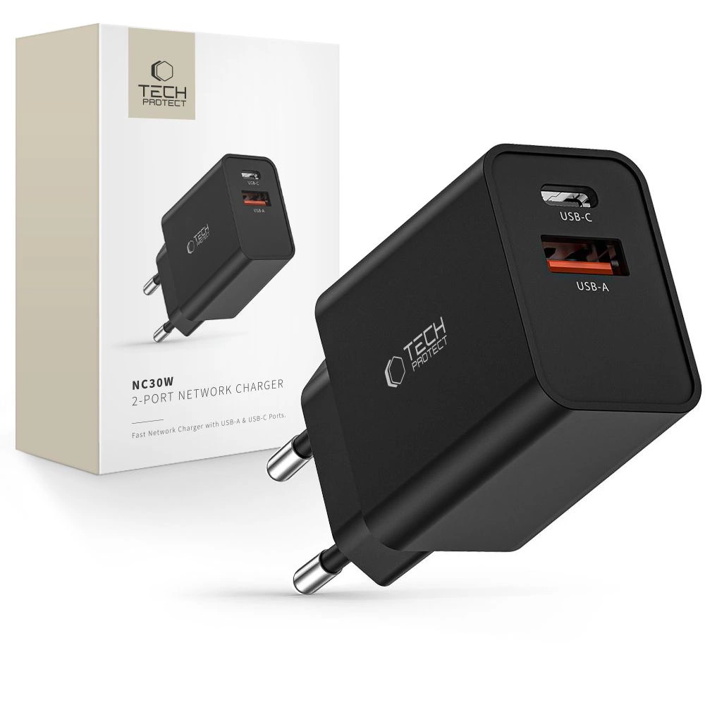 Tech-Protect NC30W Charger USB-C PD 30W / USB-A QC 3.0 - Blackeng