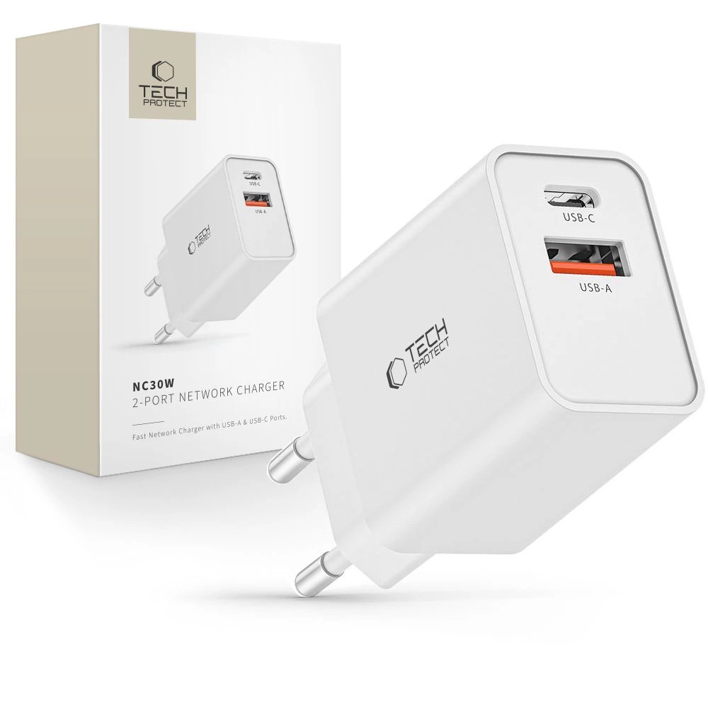 Tech-Protect NC30W USB-C PD 30W / USB-A QC 3.0 charger - whiteeng