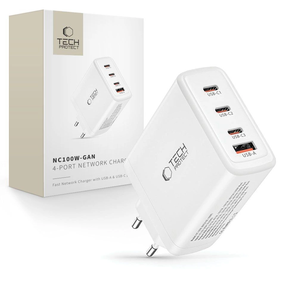 Tech-Protect NC100W-GAN charger GaN 3x USB-C PD 100W / USB-A QC 3.0 - whiteeng