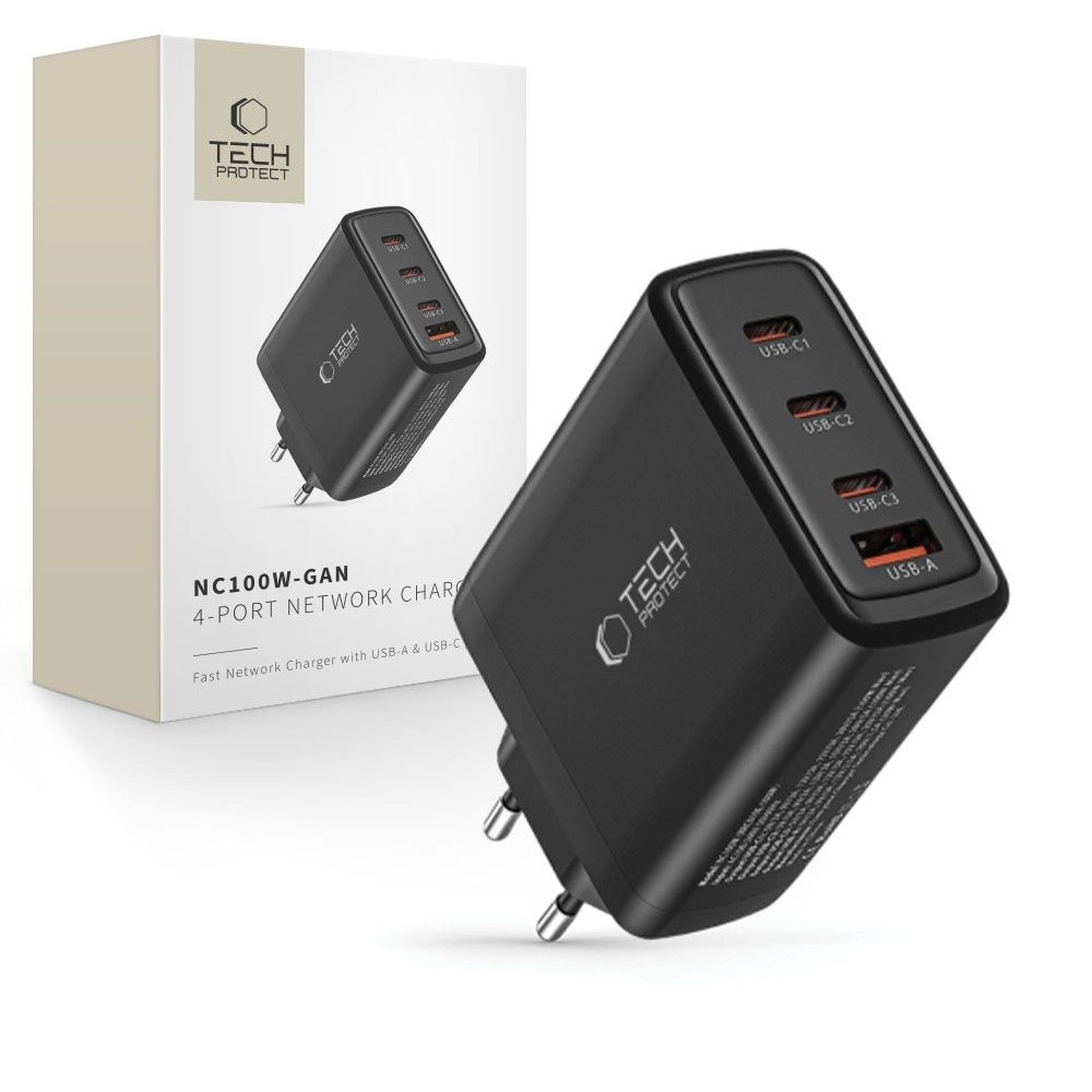Tech-Protect NC100W-GAN charger network GaN 3x USB-C PD 100W / USB-A QC 3.0 - blackeng