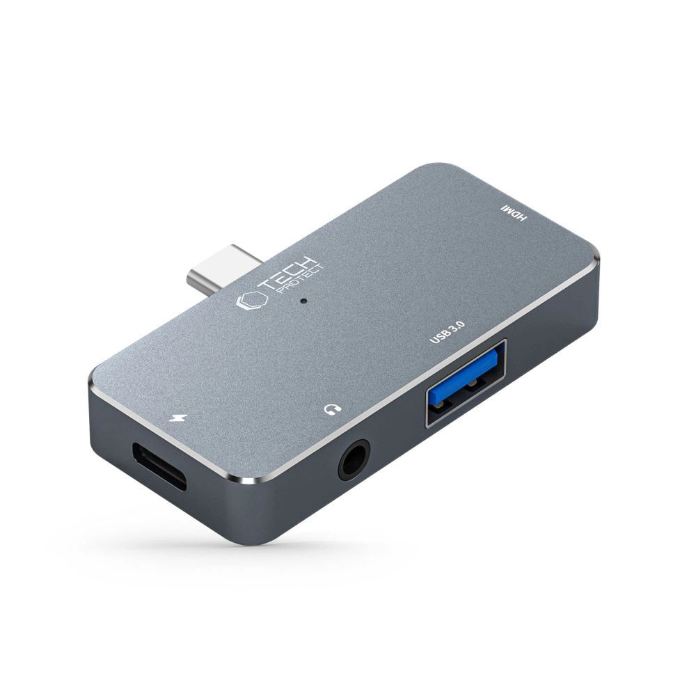 HUB Tech-Protect V6 4in1 USB-C - USB-A 3.0 / USB-C PD100W / HDMI / mini jack 3.5mm - grayeng