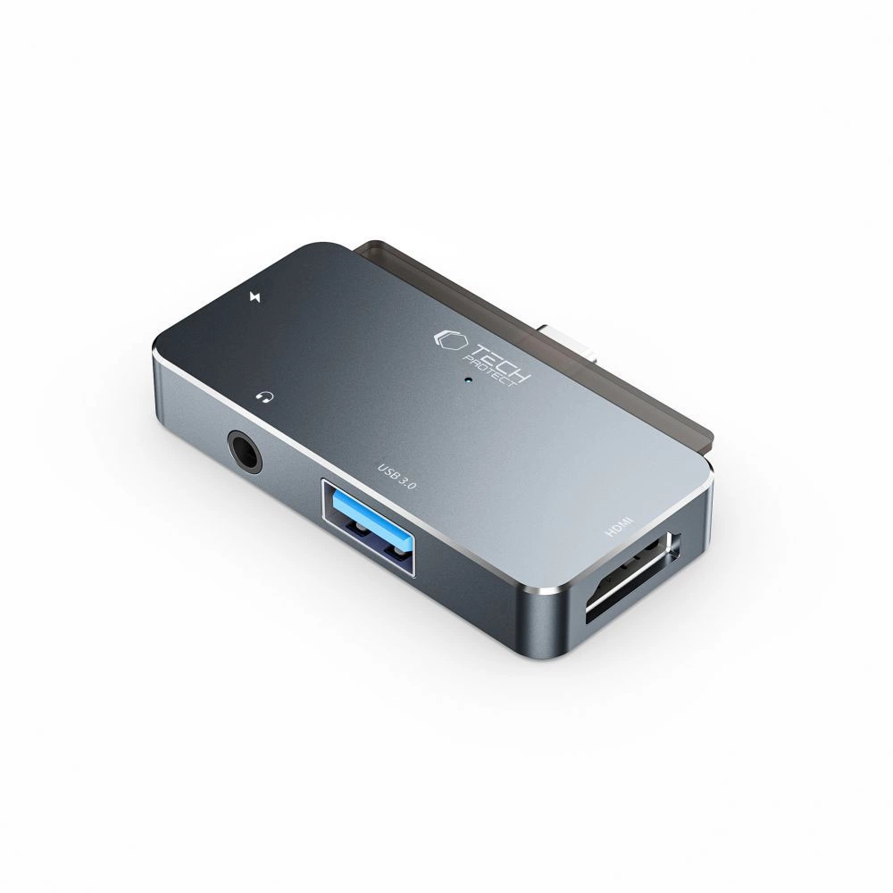 HUB Tech-Protect V6 4in1 USB-C - USB-A 3.0 / USB-C PD100W / HDMI / mini jack 3.5mm - grayeng