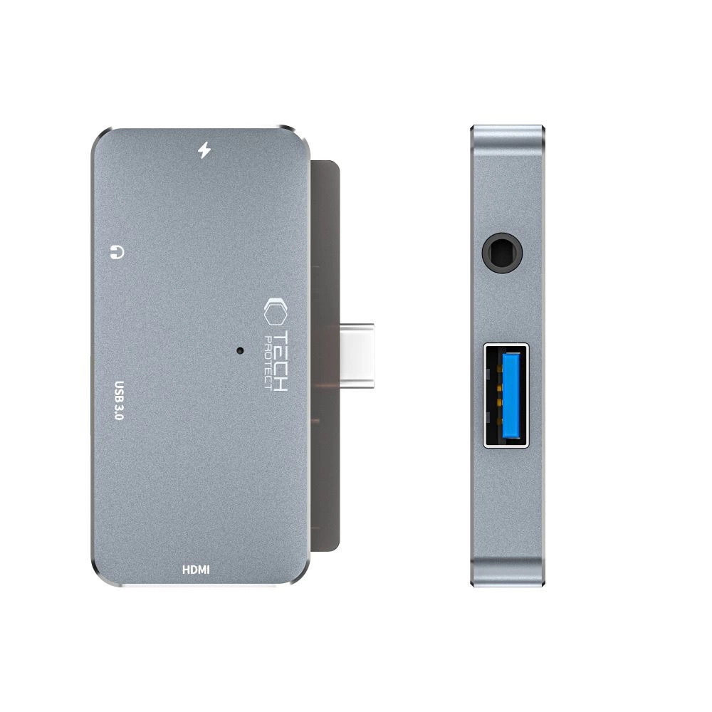 HUB Tech-Protect V6 4in1 USB-C - USB-A 3.0 / USB-C PD100W / HDMI / mini jack 3.5mm - grayeng
