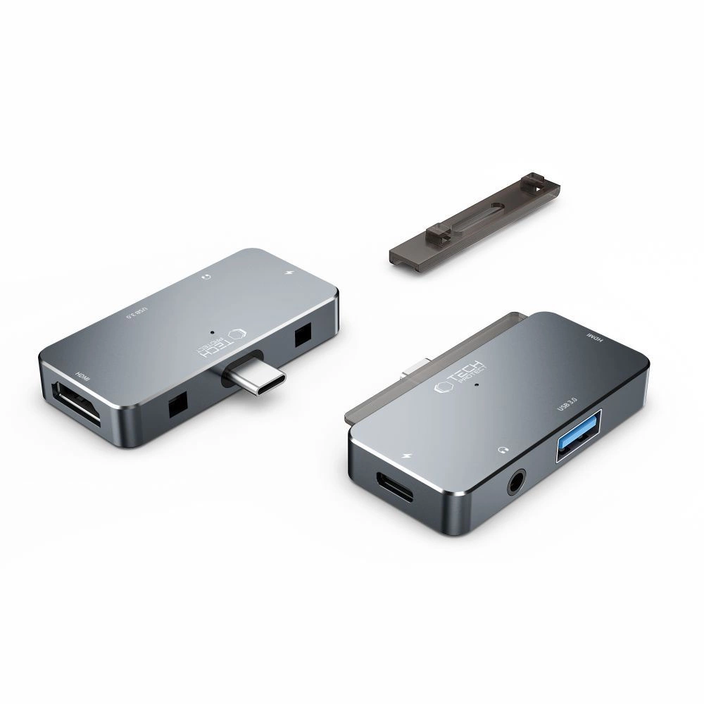 HUB Tech-Protect V6 4in1 USB-C - USB-A 3.0 / USB-C PD100W / HDMI / mini jack 3.5mm - grayeng