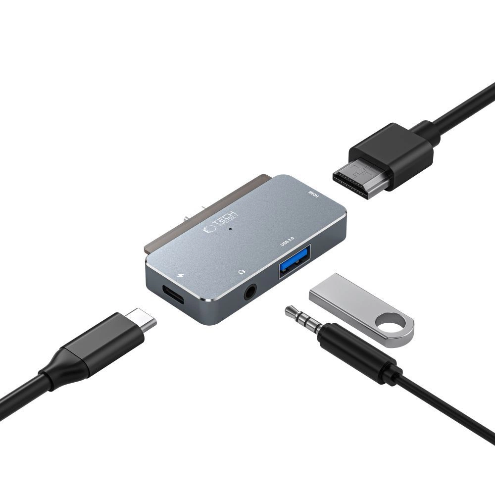 HUB Tech-Protect V6 4in1 USB-C - USB-A 3.0 / USB-C PD100W / HDMI / mini jack 3.5mm - grayeng