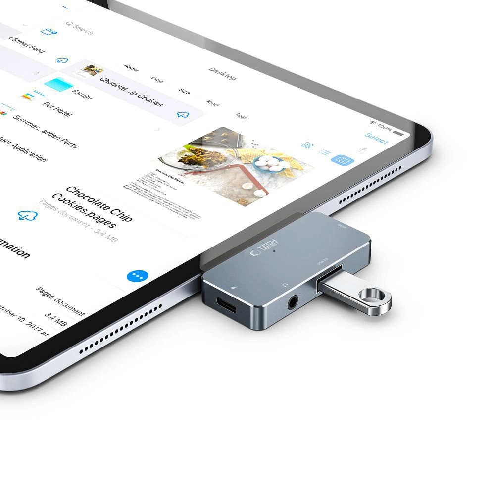HUB Tech-Protect V6 4in1 USB-C - USB-A 3.0 / USB-C PD100W / HDMI / mini jack 3.5mm - grayeng