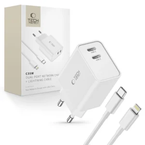 Tech-Protect C35W 2x USB-C PD 35W Wall Charger with USB-C / Lightning Cable - Whiteeng