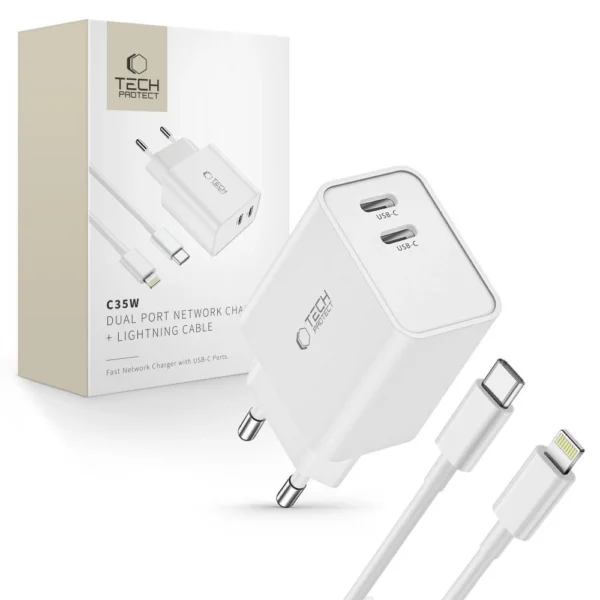 Tech-Protect C35W 2x USB-C PD 35W Wall Charger with USB-C / Lightning Cable - Whiteeng