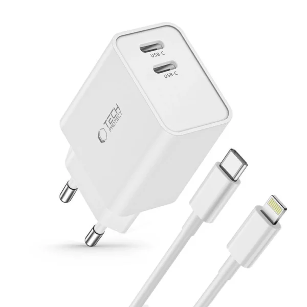 Tech-Protect C35W 2x USB-C PD 35W Wall Charger with USB-C / Lightning Cable - Whiteeng