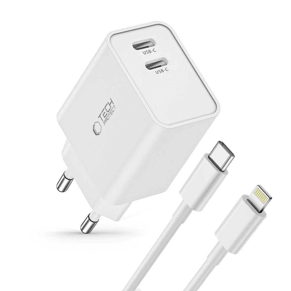 Tech-Protect C35W 2x USB-C PD 35W Wall Charger with USB-C / Lightning Cable - Whiteeng