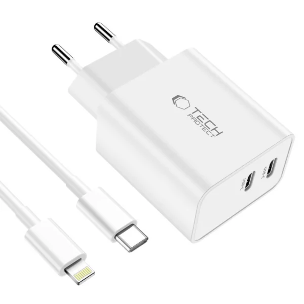Tech-Protect C35W 2x USB-C PD 35W Wall Charger with USB-C / Lightning Cable - Whiteeng