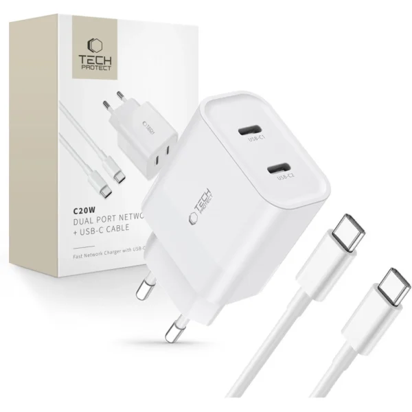 Tech-Protect C20W 2x USB-C PD 20W charger with USB-C / USB-C cable - whiteeng