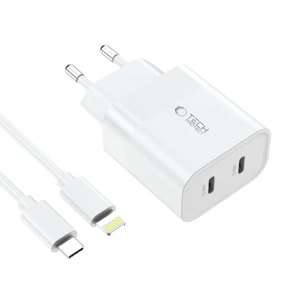 Tech-Protect C20W 2x USB-C PD 20W charger with USB-C / USB-C cable - whiteeng