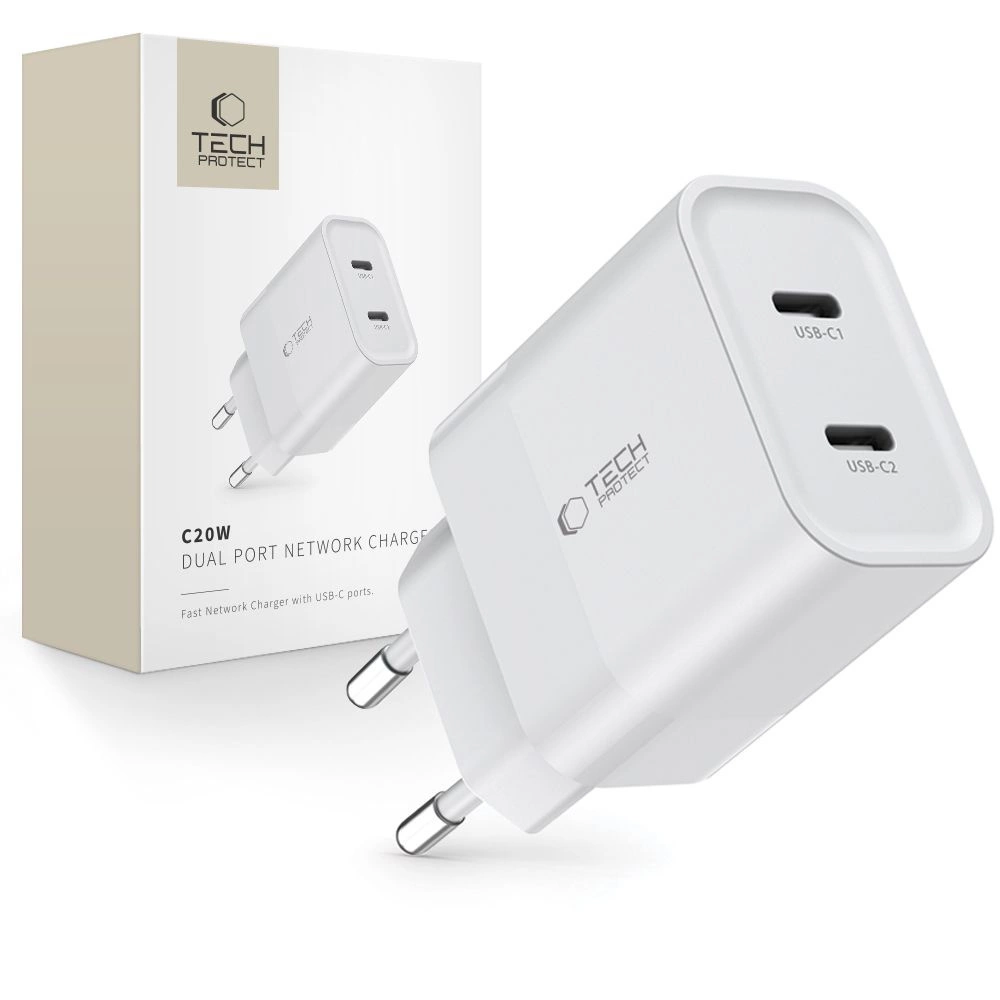 Tech-Protect C20W charger 2x USB-C PD 20W - whiteeng