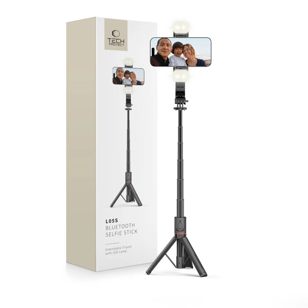 Tech-Protect L05S Bluetooth Selfie Stick with Tripod up to 105cm with LED Light - Blackeng