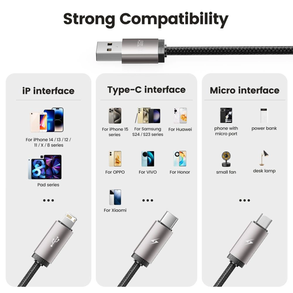 Tech-Protect UltraBoost 3in1 USB-A - Lightning / USB-C / micro USB 3.5A cable 1m - grayeng