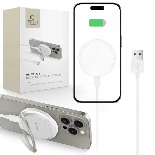 Tech-Protect QI15W-A33 Inductive Charger with MagSafe and Stand with USB-A / USB-C Cable - Whiteeng