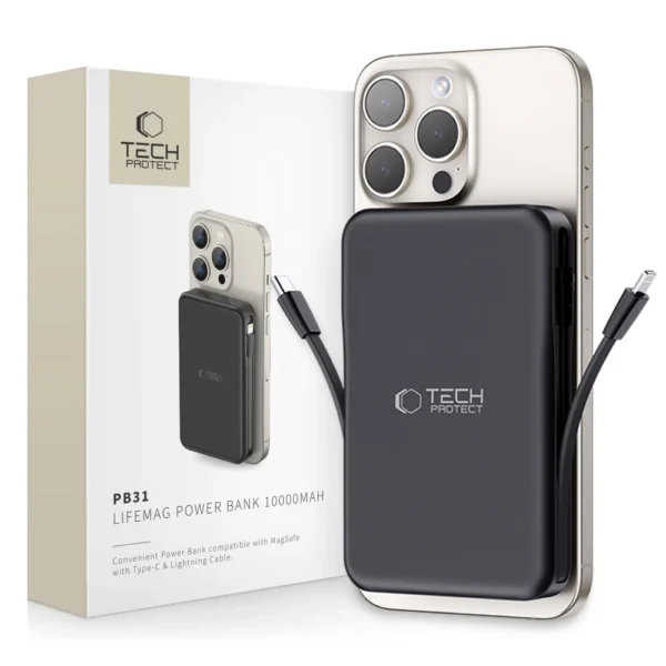 Tech-Protect LifeMag PB31 Power Bank with MagSafe 10000mAh 15W USB-C / USB-A / Built-in USB-C / Lightning Cables - Blackeng