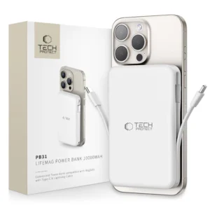Tech-Protect LifeMag PB31 Power Bank with MagSafe 10000mAh 15W USB-C / USB-A / Built-in USB-C / Lightning Cables - Whiteeng