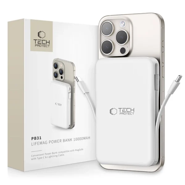 Tech-Protect LifeMag PB31 Power Bank with MagSafe 10000mAh 15W USB-C / USB-A / Built-in USB-C / Lightning Cables - Whiteeng
