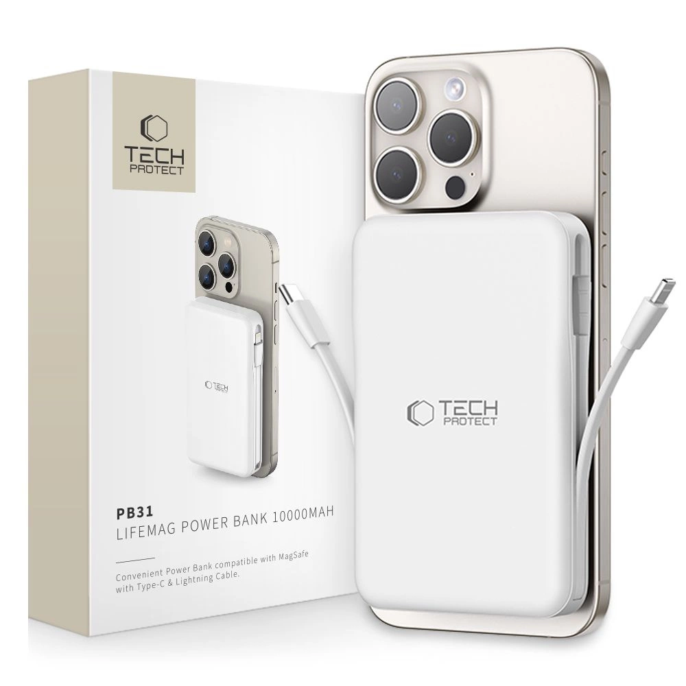 Tech-Protect LifeMag PB31 Power Bank with MagSafe 10000mAh 15W USB-C / USB-A / Built-in USB-C / Lightning Cables - Whiteeng