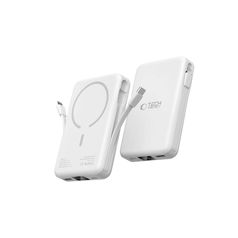 Tech-Protect LifeMag PB31 Power Bank with MagSafe 10000mAh 15W USB-C / USB-A / Built-in USB-C / Lightning Cables - Whiteeng