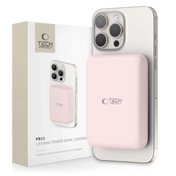 Tech-Protect LifeMag PB11 Powerbank with MagSafe 10000mAh 15W USB-C port - pink + USB-C cableeng