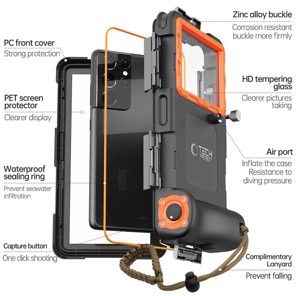 Tech-Protect Waterproof Case IPX8 for 4.7-6.7" Smartphones - Black and Orangeeng