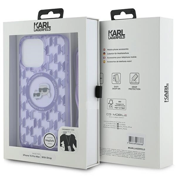Karl Lagerfeld IML Crossbody Monogram Karl & Choupette Head MagSafe Case for iPhone 15 Pro Max - Purpleeng