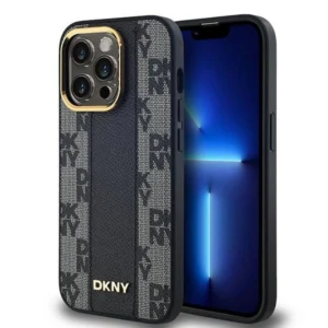 DKNY Leather Checkered Mono Pattern MagSafe Case for iPhone 13 Pro Max - Blackeng