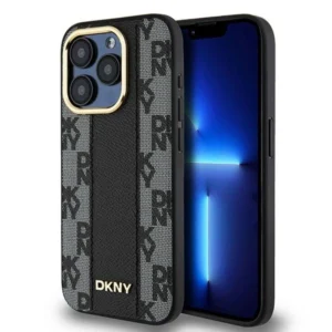 DKNY Leather Checkered Mono Pattern MagSafe case for iPhone 15 Pro - blackeng
