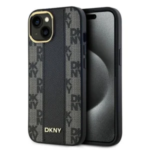 DKNY Leather Checkered Mono Pattern MagSafe Case for iPhone 15 Plus / 14 Plus - Blackeng