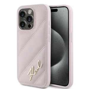 Karl Lagerfeld Diagonal Quilted Script case for iPhone 15 Pro Max - pinkeng