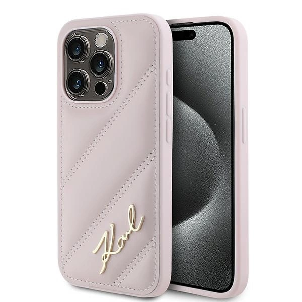 Karl Lagerfeld Diagonal Quilted Script case for iPhone 15 Pro Max - pinkeng