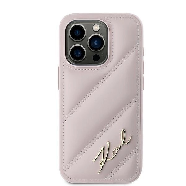 Karl Lagerfeld Diagonal Quilted Script case for iPhone 15 Pro Max - pinkeng