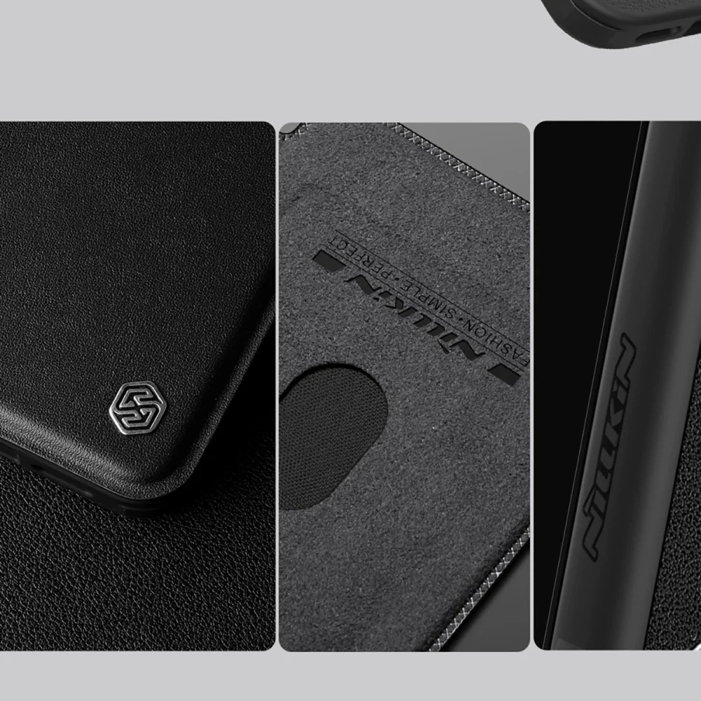 Nillkin Qin Prop Leather Case with Camera Cover and Stand for iPhone 16 Pro Max - Blackeng