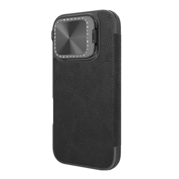 Nillkin Qin Prop Leather Case with Camera Cover and Stand for iPhone 16 Pro Max - Blackeng