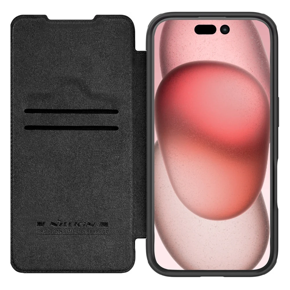 Nillkin Qin Prop Leather Case with Camera Cover and Stand for iPhone 16 Pro Max - Blackeng