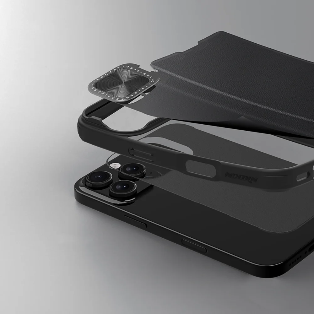 Nillkin Qin Prop Leather Case with Camera Cover and Stand for iPhone 16 Pro Max - Blackeng