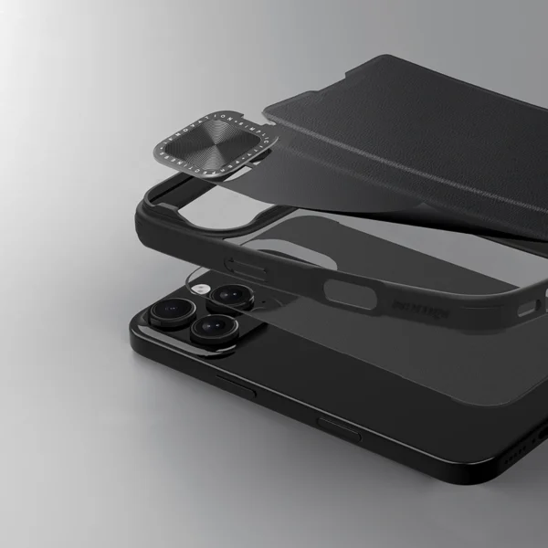 Nillkin Qin Prop Leather Case with Camera Cover and Stand for iPhone 16 Pro Max - Blackeng
