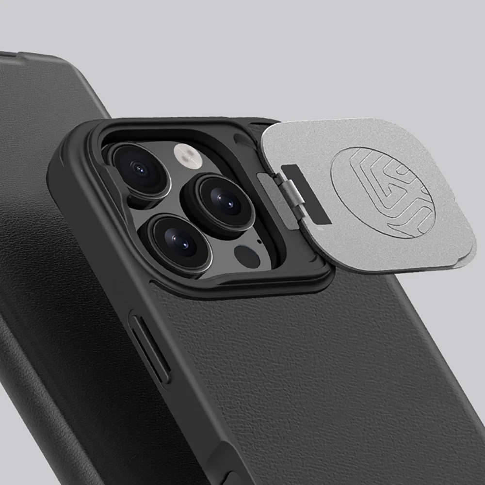 Nillkin Qin Prop Leather Case with Camera Cover and Stand for iPhone 16 Pro Max - Blackeng