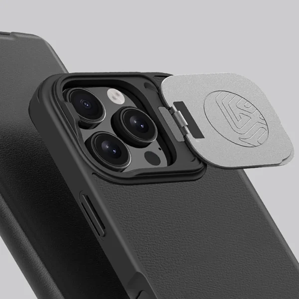 Nillkin Qin Prop Leather Case with Camera Cover and Stand for iPhone 16 Pro Max - Blackeng