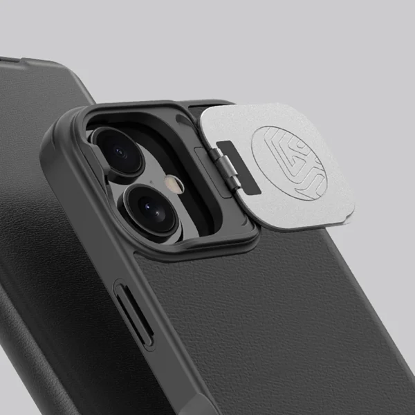Nillkin Qin Prop Leather Case with Camera Cover and Stand for iPhone 16 - Blackeng