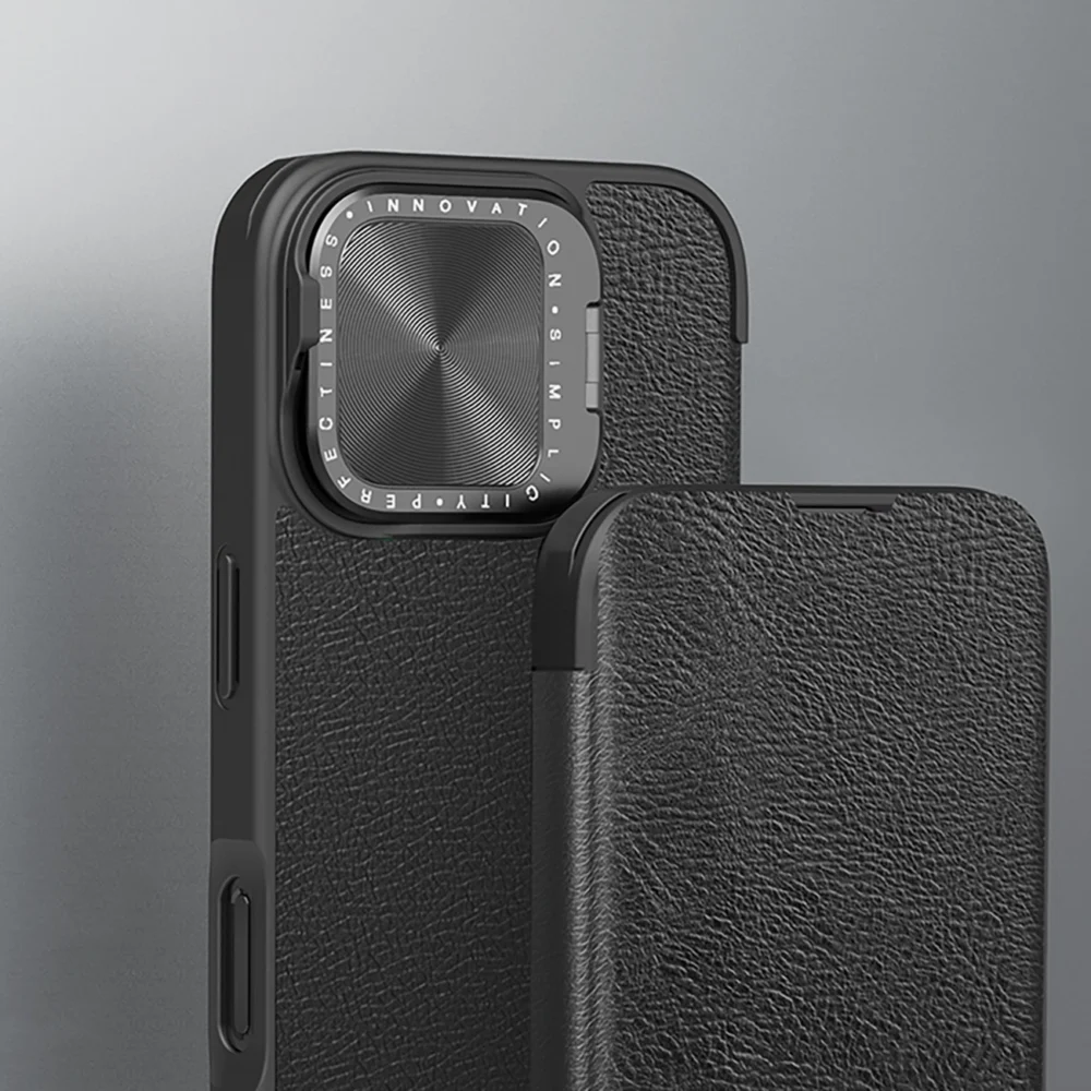 Nillkin Qin Prop Leather Case with Camera Cover and Stand for iPhone 16 - Blackeng