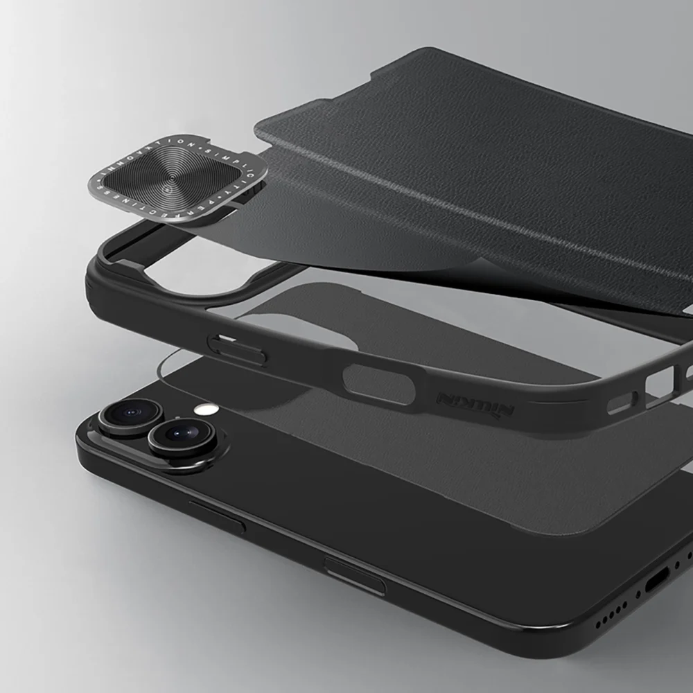 Nillkin Qin Prop Leather Case with Camera Cover and Stand for iPhone 16 - Blackeng