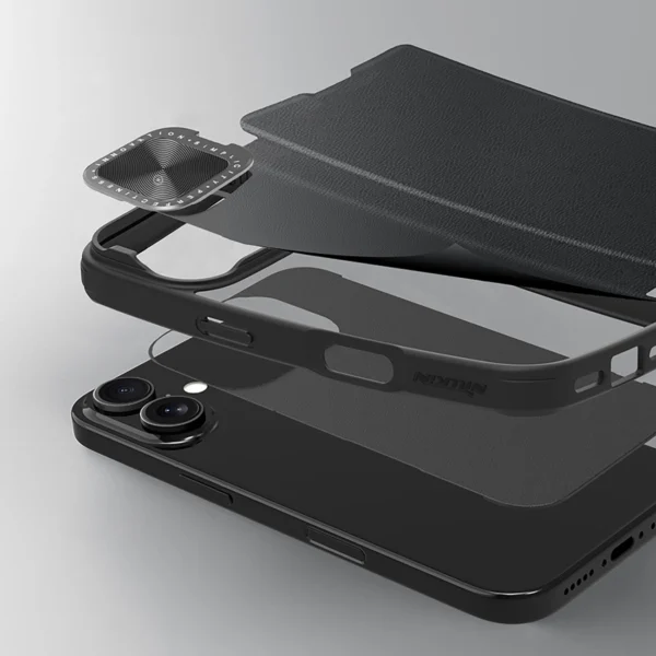 Nillkin Qin Prop Leather Case with Camera Cover and Stand for iPhone 16 - Blackeng