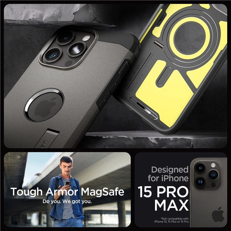 Spigen Tough Armor MagSafe case with stand for iPhone 15 Pro Max - browneng