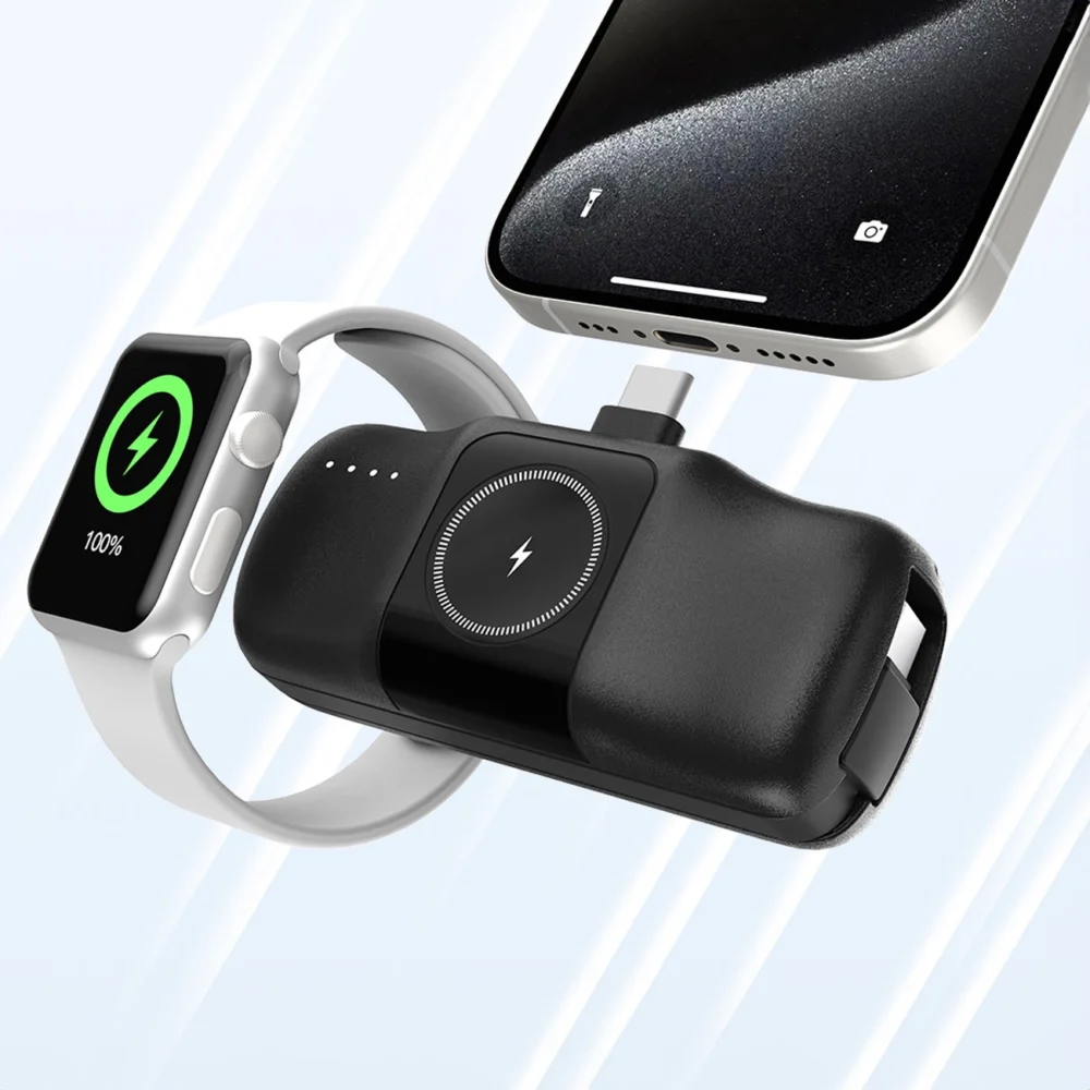 Wozinsky WF16-YCS 5000mAh 15W USB-C Mini Power Bank with Built-in USB-C Cable and Apple Watch Charger - Blackeng