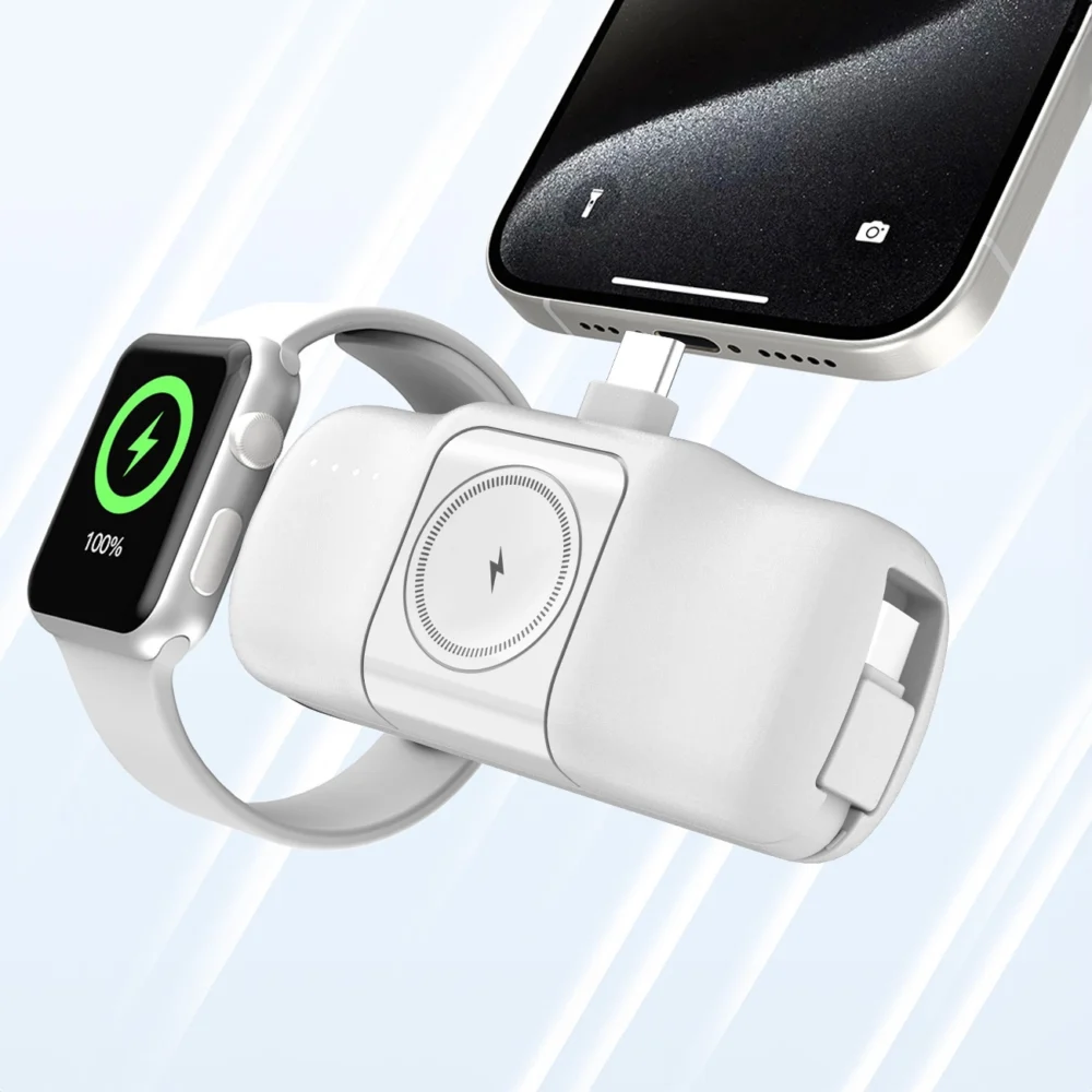 Wozinsky WF16-YCS 5000mAh 15W USB-C Mini Power Bank with Built-in USB-C Cable and Apple Watch Charger - Whiteeng