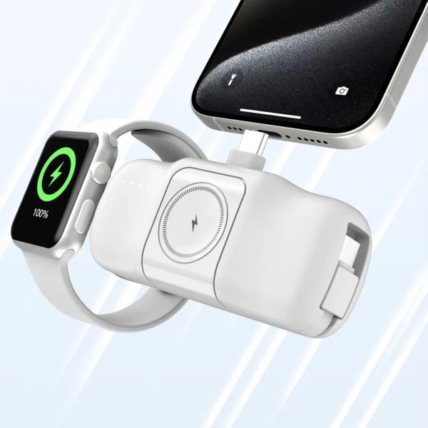 Wozinsky WF16-YCS 5000mAh 15W USB-C Mini Power Bank with Built-in USB-C Cable and Apple Watch Charger - Whiteeng